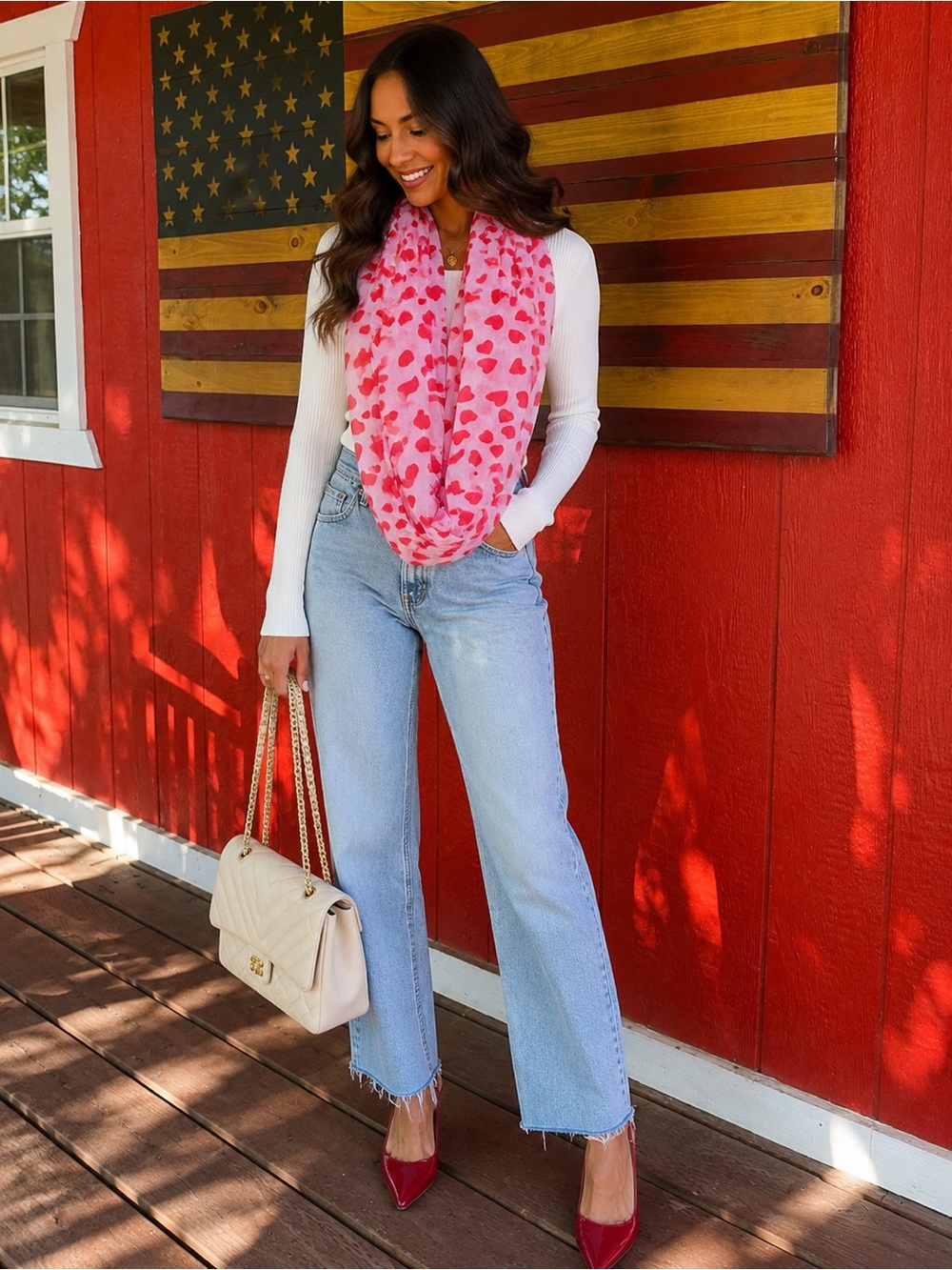 Pink Heart-Print Infinity Scarf - Women's Lightweight Wrap - Picture 1 of 3